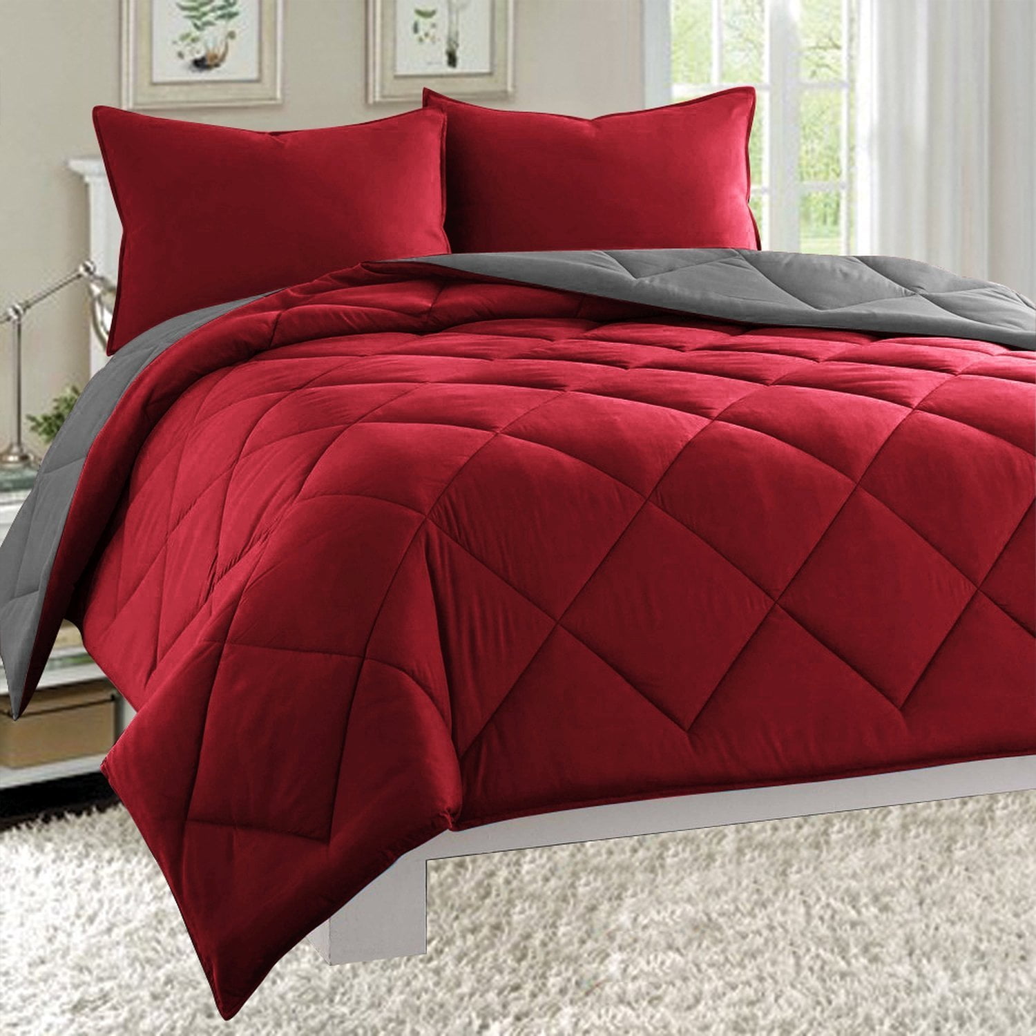 All Season Reversible 3-Piece Comforter Set - Full/Queen, Red/Gray