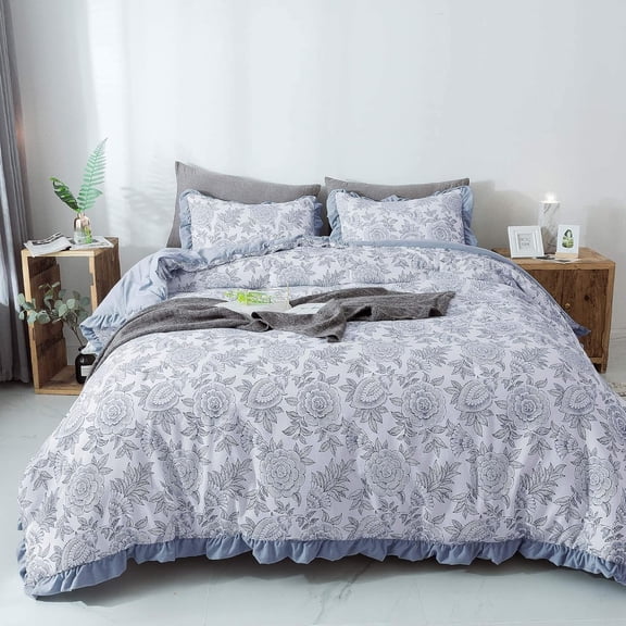 All Season Soft Quilted Comforter Set with Ruffled Edge – 104x90 Inches Blue Floral King Size