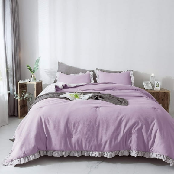 All Season Soft Quilted Comforter Set with Ruffled Edge – 104x90 Inches Purple King Size