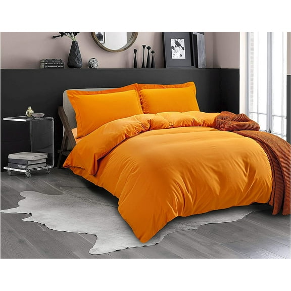 All Season Suitable 3-Piece Duvet Set, Solid Design, Corner Ties & Button Closure, MaSerieshing Shams Included, Full/Queen, Elite Orange