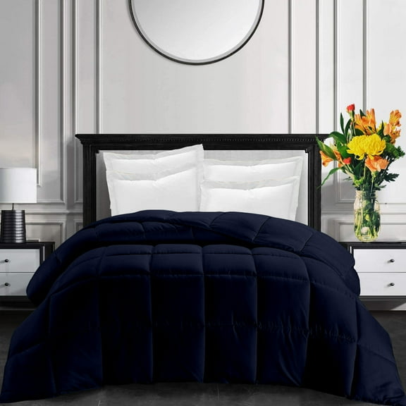 All-Season Super Soft Comforter Alaskan King 120 by 120 inch Navy Blue Solid, 400 GSM Microfiber, 1 Piece Quilted Box Comforter Set