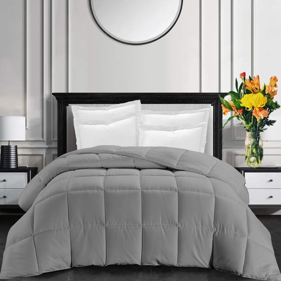 All-Season Super Soft Comforter Oversize 98 by 120 inch Silver Grey Solid, 400 GSM Microfiber, 1 Piece Quilted Box Comforter
