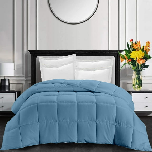 All-Season Super Soft Comforter Oversize King Plus 128 by 120 inch Light Blue Solid, 400 GSM Microfiber, 1 Piece Quilted Box Comforter Set