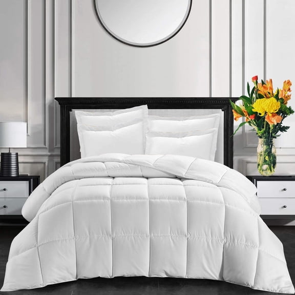 All-Season Super Soft Comforter Oversize King Plus 128 by 120 inch White Solid, 400 GSM Microfiber, 1 Piece Quilted Box Comforter Set