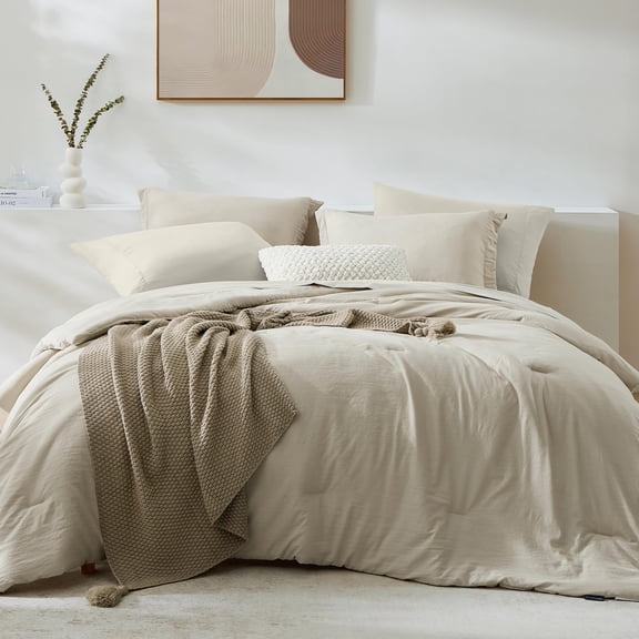 All Season Warm 7 Pieces Light Oatmeal Queen Comforter Set，Soft Microfiber with Fitted Sheet Flat Sheet 2 Pillow Shams 2 Pillowcases Queen Size