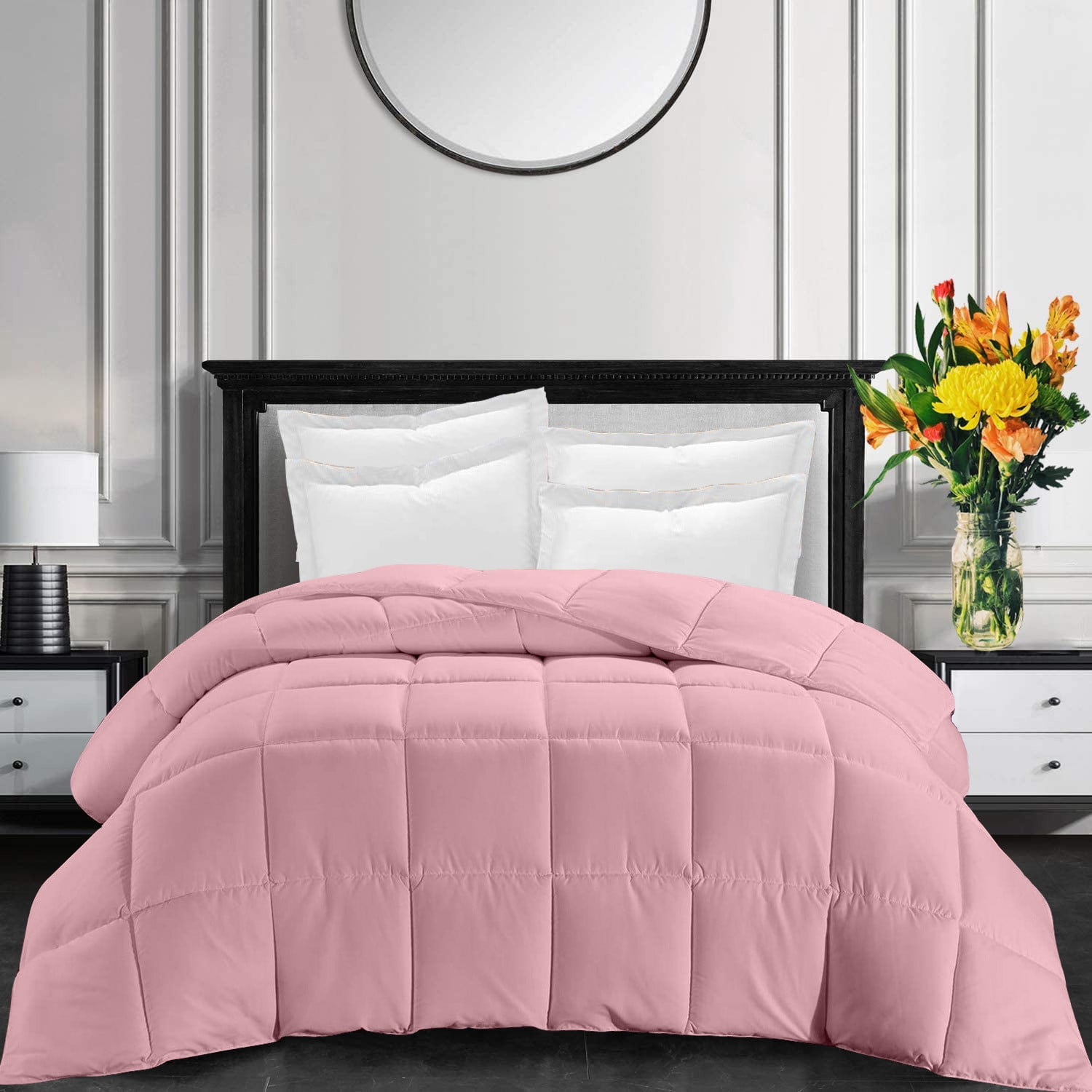All-Season luxury Box Comforter King/California King Sized 94 by 104 inch Baby Pink Solid, 1 Piece Soft Quilted Box Stitched Box Comforter 800 TC 100% Egyptian Cotton