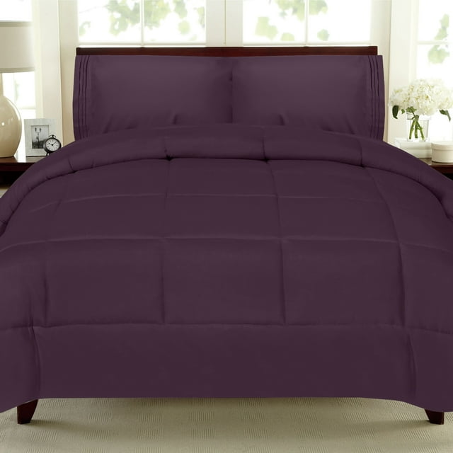 All Seasons Down Alternative Comforter Solid Color Box Stitch, Full, Eggplant