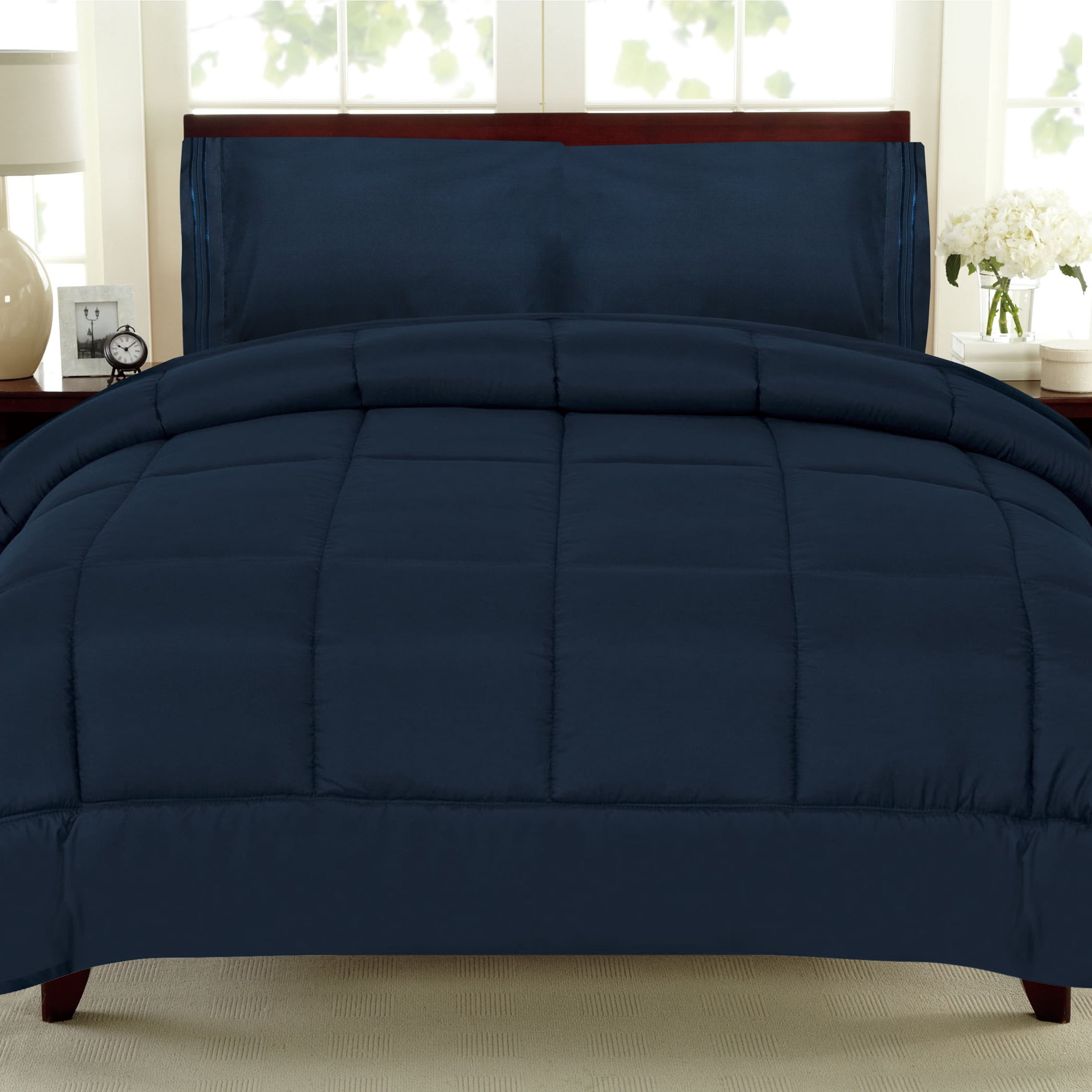 All Seasons Down Alternative Comforter Solid Color Box Stitch, Twin, Navy