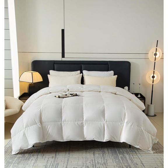 All Seasons Goose Feather Down Comforter, King Size White Quilted Cotton Duvet Insert Medium Warm Bed Comforter