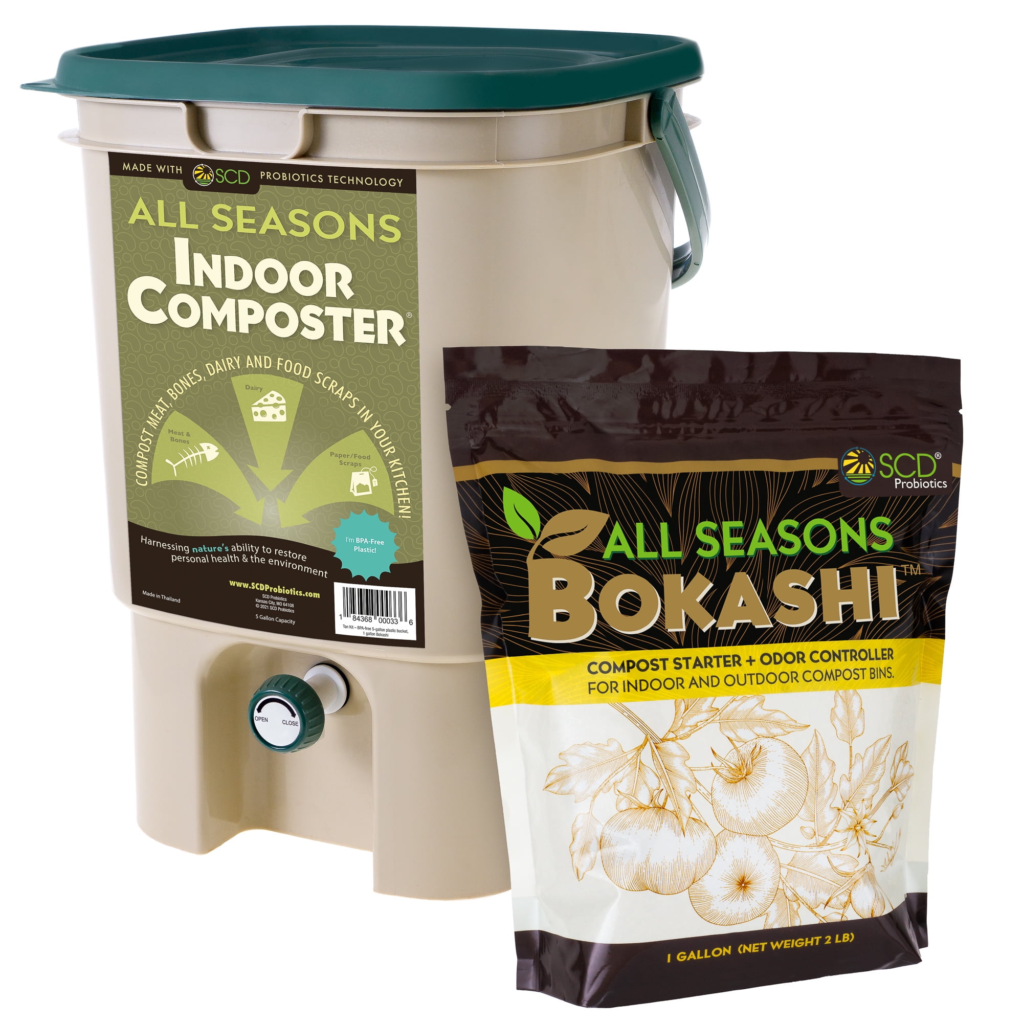 Tan BPA-Free Plastic Indoor Compost Bin with Green Lid