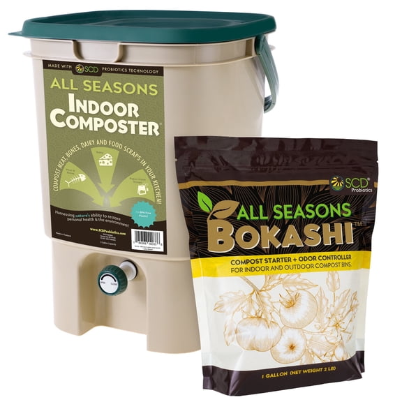 All Seasons Indoor Composting Kit, 5 Gallon Tan Composting Bin with Bokashi Compost Starter