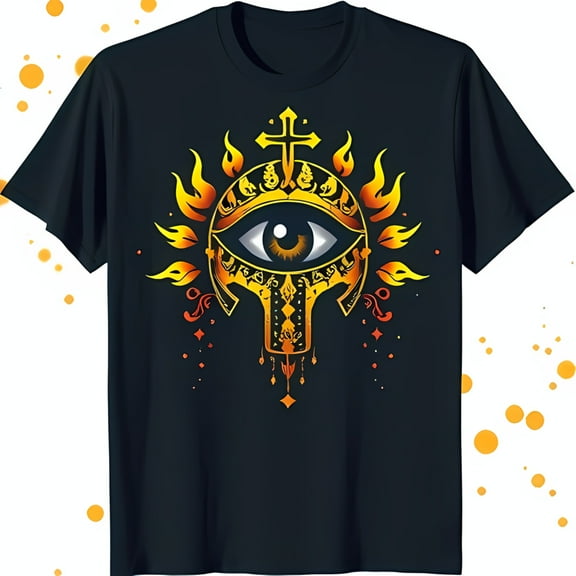 All Seeing Eye T-Shirt with Fiery Flames Design Black Graphic Tee
