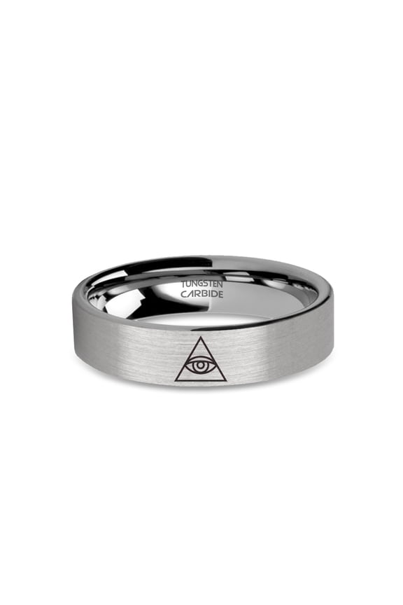 All-Seeing Eye of Providence Brushed Silver Tungsten Wedding Band, 6mm, Size 5.5