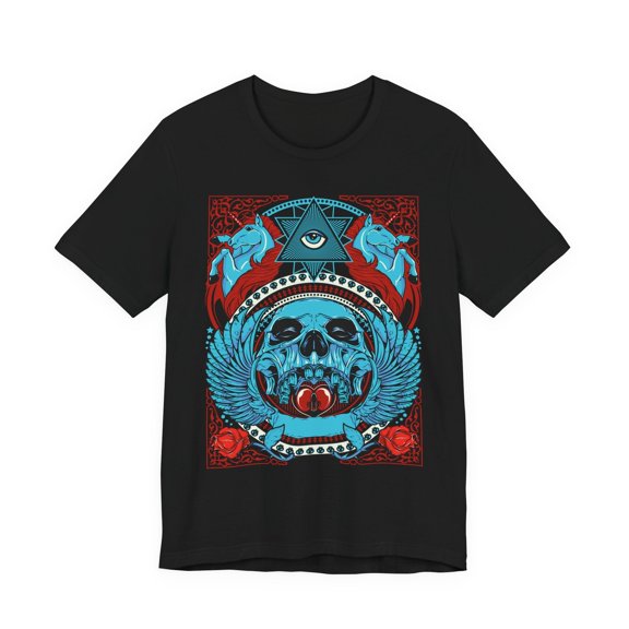 All-Seeing Skull Illustration Tee Winged Skull Third Eye Roses T-Shirt