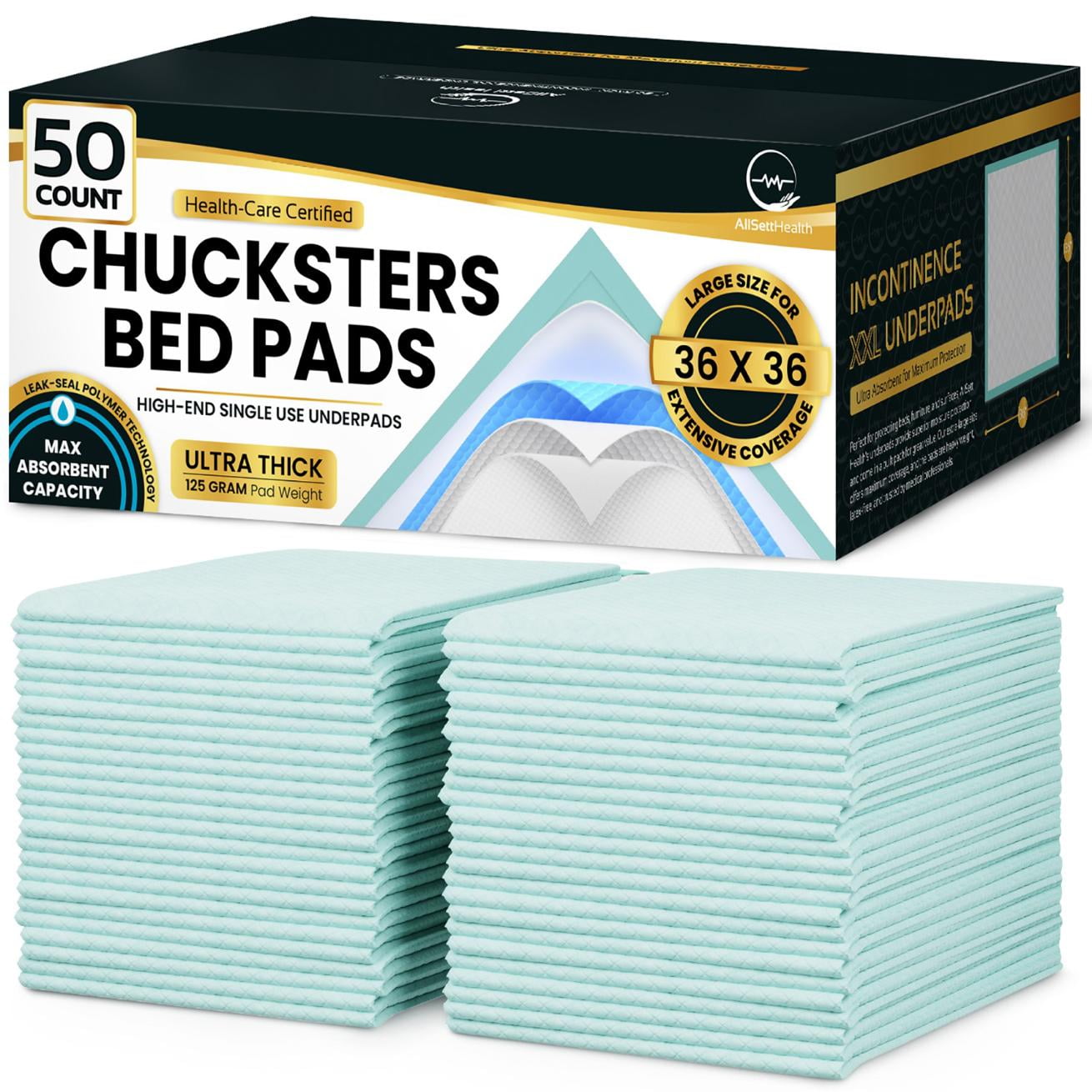 All Sett Health XL Incontinence Bed Pads 36" x 36 (50 Pack) Disposable Bed Pads for Adults | 125 Gram Premium Super Absorbent Disposable Underpads, Chux Pads