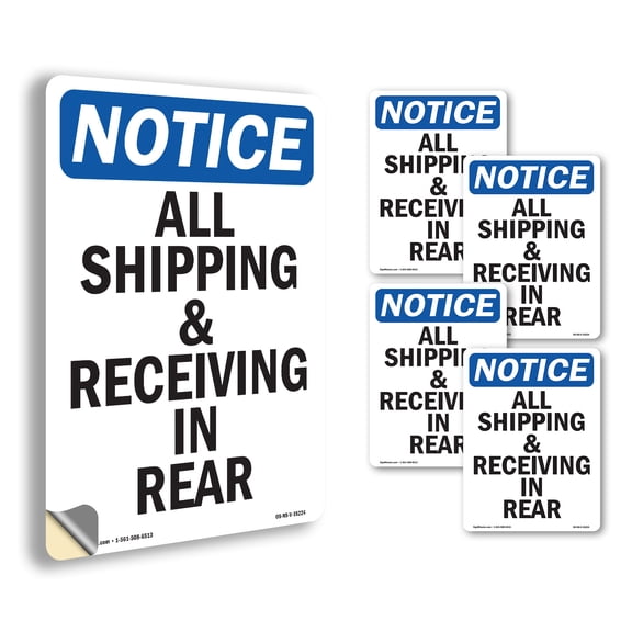 All Shipping And Receiving In Rear OSHA Notice Vinyl Decal Label 5 Inch x 3.5 Inch - 5 Pack