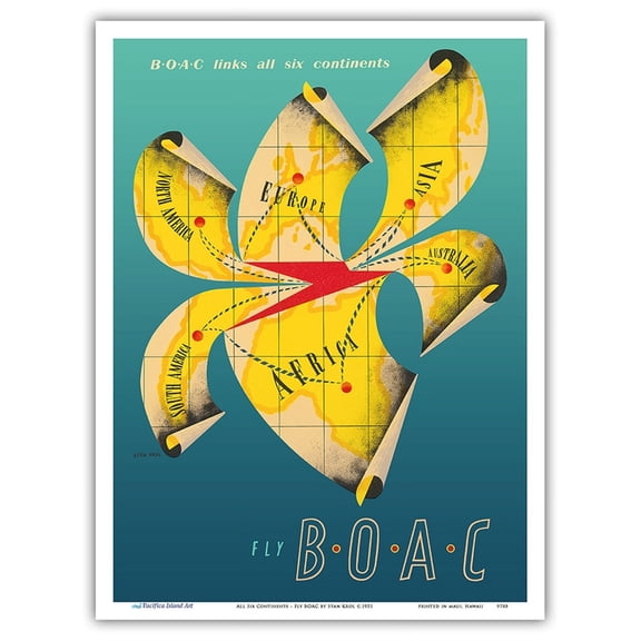 All Six Continents - Fly BOAC (British Overseas Airways Corporation) - Vintage Airline Travel Poster by Stan Krol c.1951 - Master Art Print (Unframed) 9in x 12in
