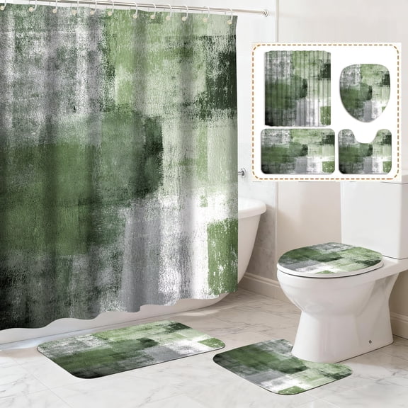 All Smiles Bathroom Sets Green Shower Curtains with 12 Hooks Large Bath Mat, Toilet Lid Cover and U-Shape Rugs for Home Hotel Decor