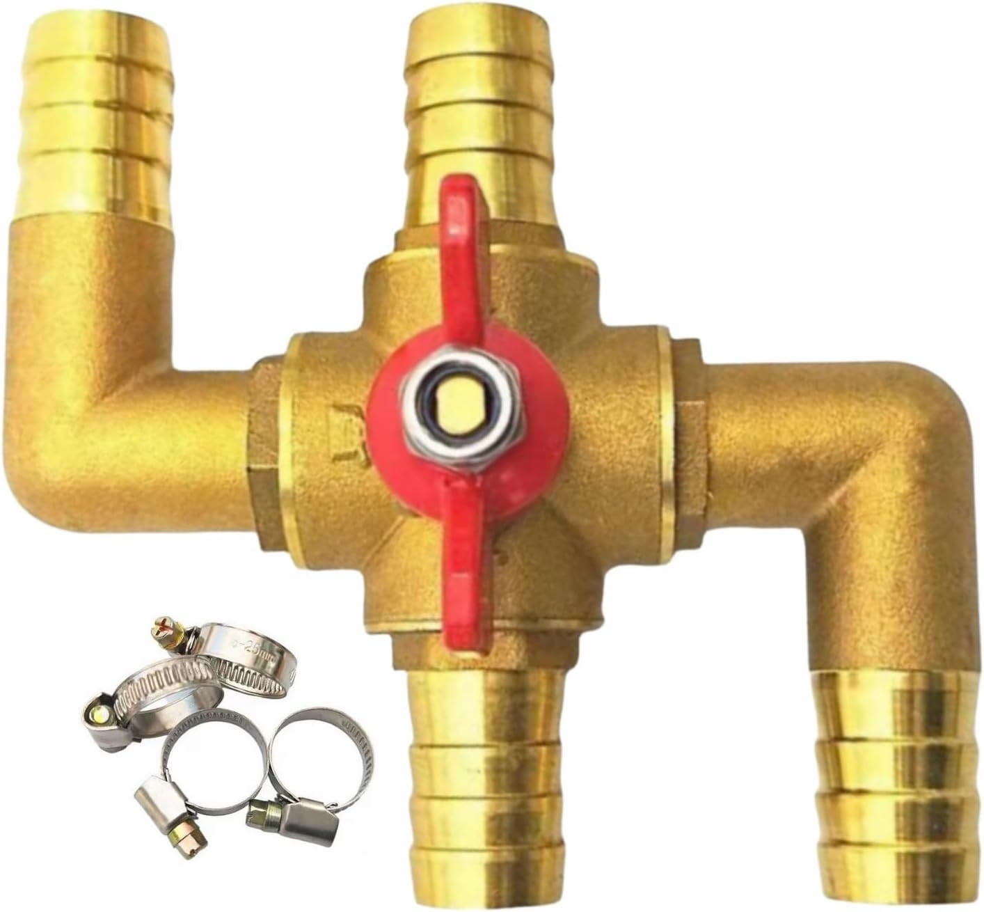 All Solid Brass Body Automobile Integrated 4-Way Heating Water Manual Control Valve 5/8” (19mm) OD Barb With 4 Clamps Of 5/8 Inch
