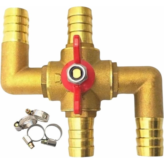 All Solid Brass Body Automobile Integrated 4-Way Heating Water Manual Control Valve 5/8” (19mm) OD Barb With 4 Clamps Of 5/8 Inch