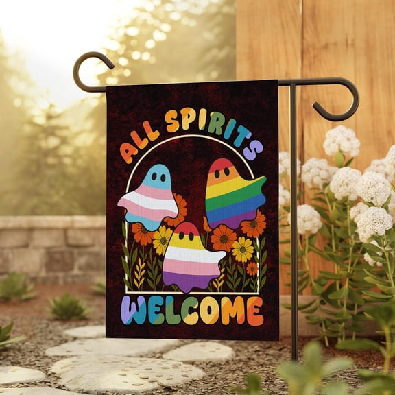 All Spirits Welcome Garden Flag, Rainbow Ghost Halloween Decor, Inclusive Pride Outdoor Yard Sign, Spooky Colorful Fall Porch Garden Flag