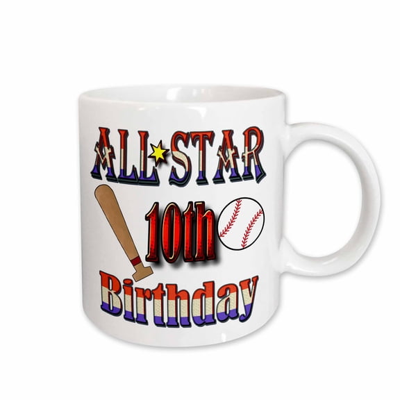 3drose, All Star 10th Birthday with a Baseball and Baseball Bat, 15oz Mug