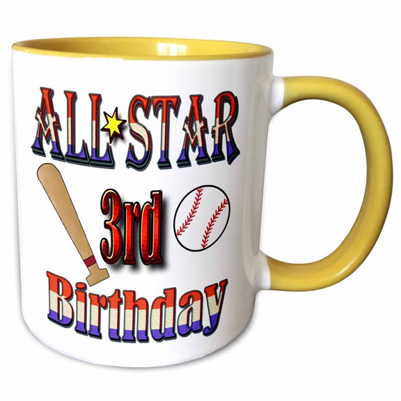 3drose, All Star 3rd Birthday with a Baseball and Baseball Bat, 15oz Two-tone Yellow Mug