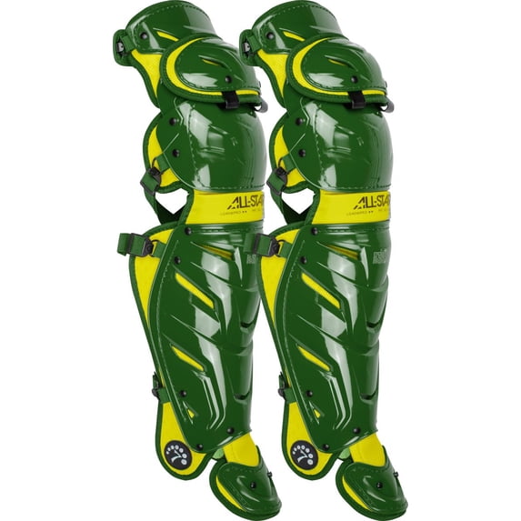 All Star Adult System 7 Axis Catcher Baseball Leg Guards Dark Green/Gold
