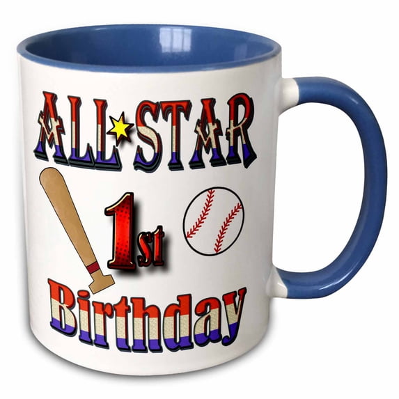 3drose, All Star First Birthday with a Baseball and Baseball Bat, 11oz Two-tone Blue Mug