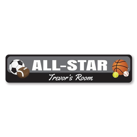All-Star Sign, Kid Name Room Sign, Custom Sports Lover Game Fanatic Child Athlete Bedroom Aluminum Decor - 4x18 inches