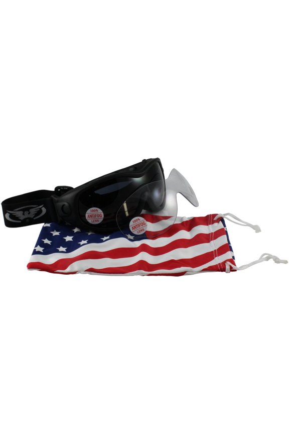 All-Star kit features a flexible matte black frame with one clear and one
smoke lens. Both lenses offer double-sided anti-fog coating. These are truly
all-weather goggles.