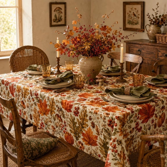 All Sunday Tablecloths Autumn Woodland, 60 x 60 in - Lace Edge