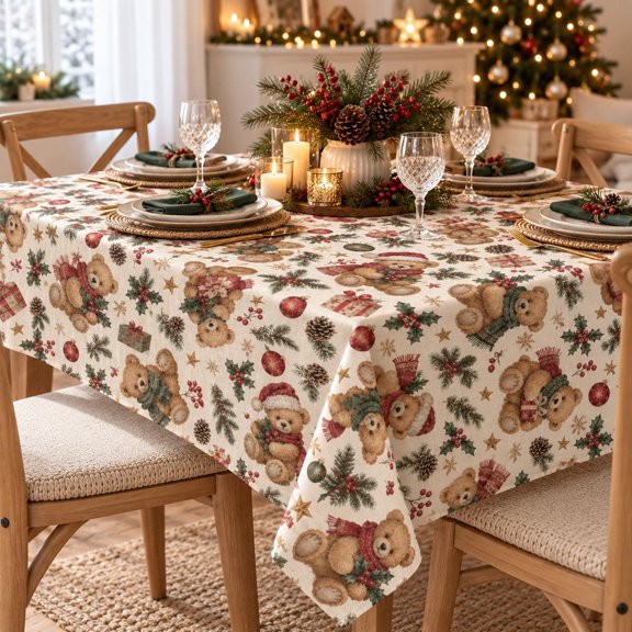 All Sunday Tablecloths Christmas Teddy Bear, 54 x 54 in - Lace Edge