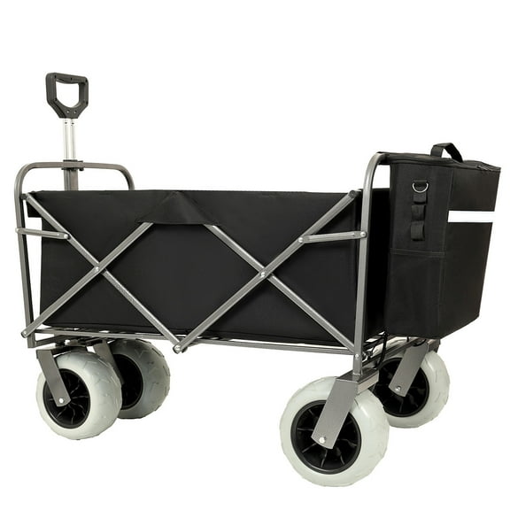 LuckyNote Heavy Duty Beach Wagon Cart, 500 lbs Capacity All Terrain Folding Utility Cart with 9" Pneumatic Tires, Steel Frame & Cooler Bag, Black