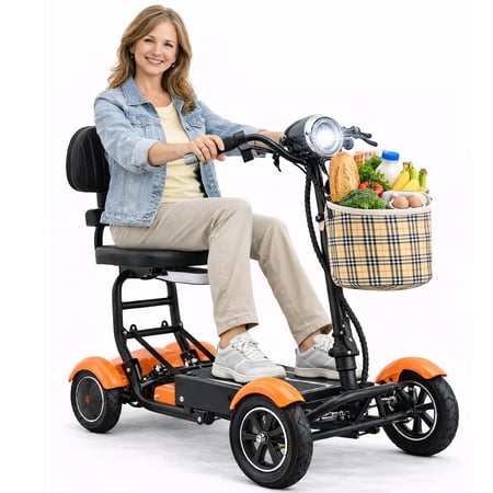 Bangeran Foldable Electric Lithium Battery 4-Wheel Mobility Scooter with Front Basket & Keys, Orange, 330 lb Limit