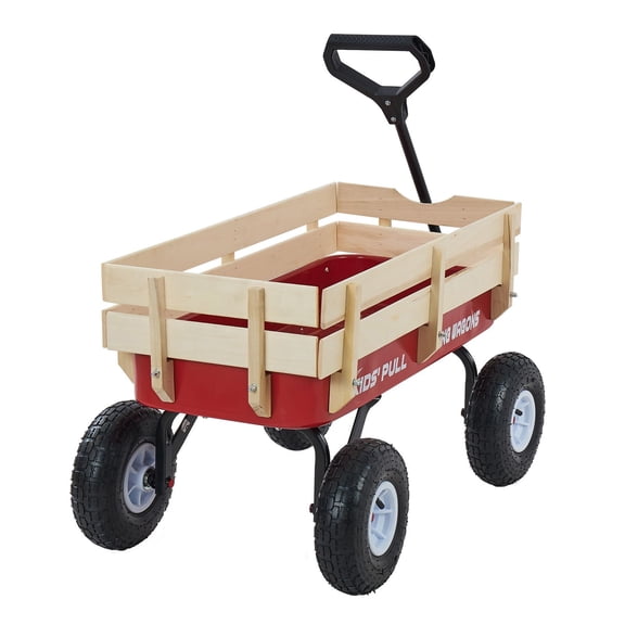 All-Terrain Wagon Cart,39" Wooden Pull Wagon for Toddlers,Holds 330 lbs,Durable Garden&Beach Toy Gift,Red