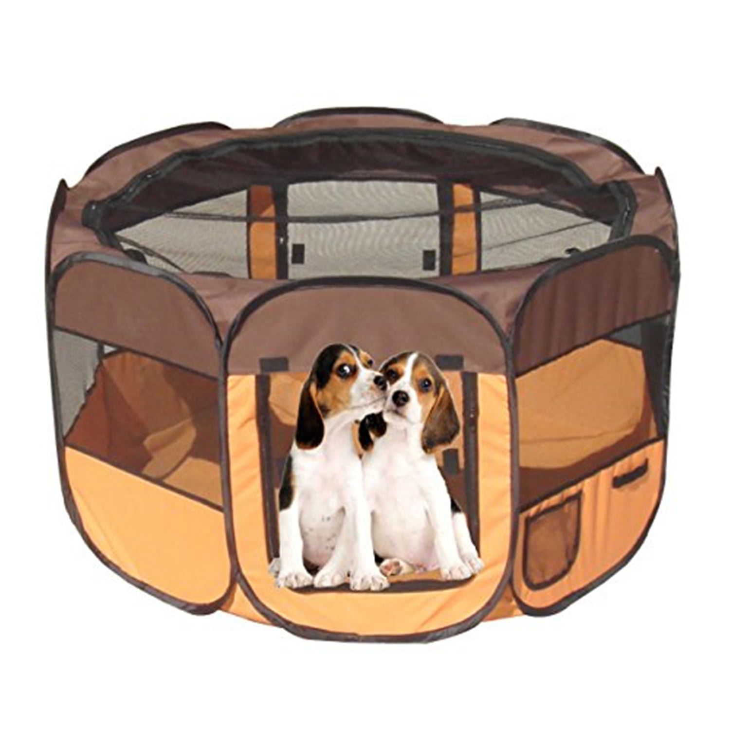 Medium Brown and Orange Metal Frame Collapsible Pet Playpen