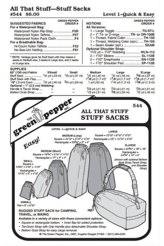 All That Stuff - Stuff Sacks Bags Rucksack Knapsack Pack Rain Gear #544 Sewing Pattern (Pattern Only)