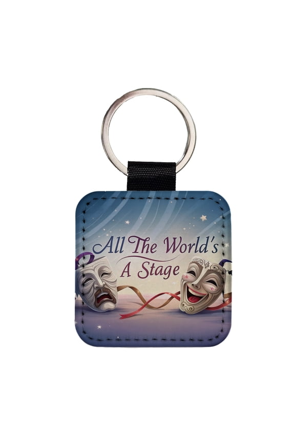All The World's a Stage Theater Drama Masks Faux Leather Square Keychain