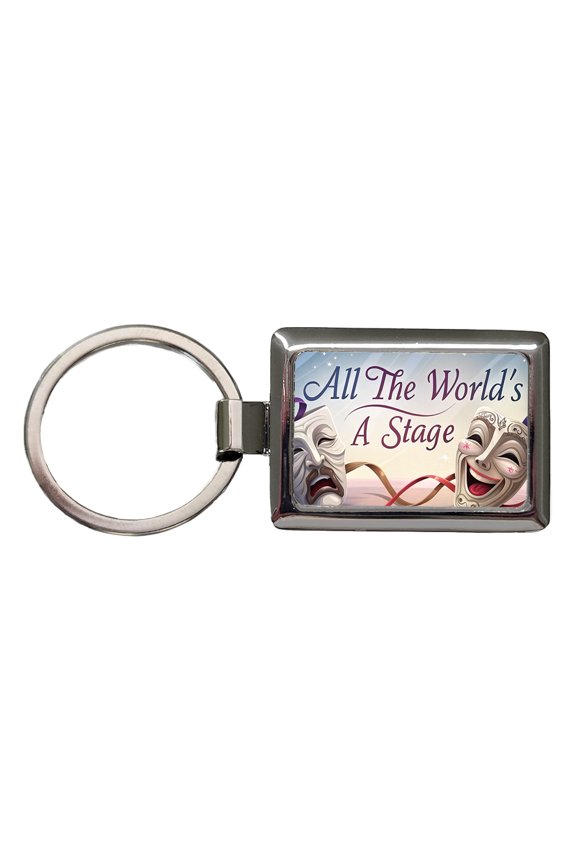 All The World's a Stage Theater Drama Masks Metal Rectangle Keychain