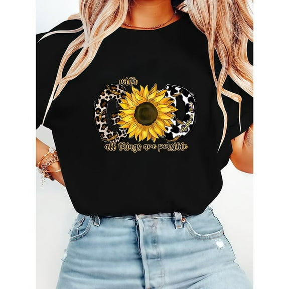 All Things Are Possible With God Tops & Floral Graphic Tees for Womens Christian Print T Shirts Short Sleeve Christian Pattern Tops Black,M