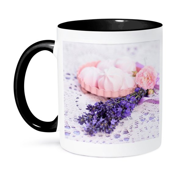 3drose, All Things Beautiful - Lavender and Roses with Pink Cookies, 11oz Two-tone Black Mug
