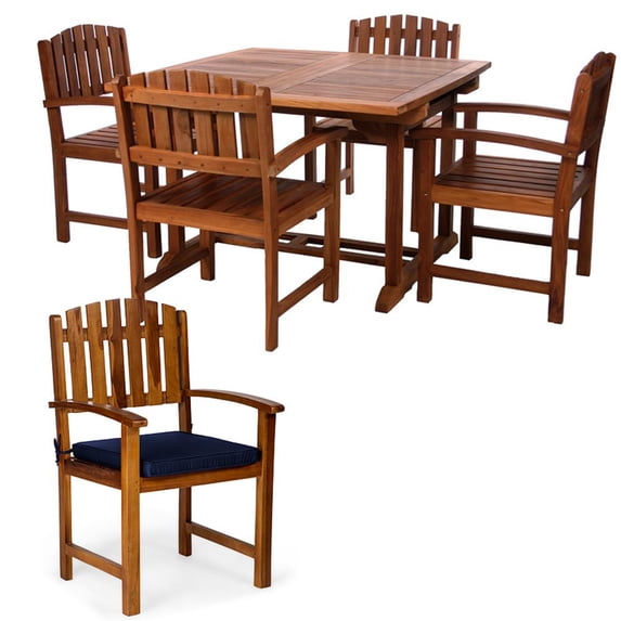All Things Cedar TD72-20-B 5-Piece Teak Extension Patio Table Arm Chair Set | Blue Cushions - 50L x 50W x 29H