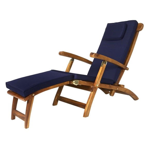 All Things Cedar TF53-B Teak Steamer Chair | Foldable Outdoor Chaise Lounge Chair | Blue Cushions - 24L x 70W x 37H