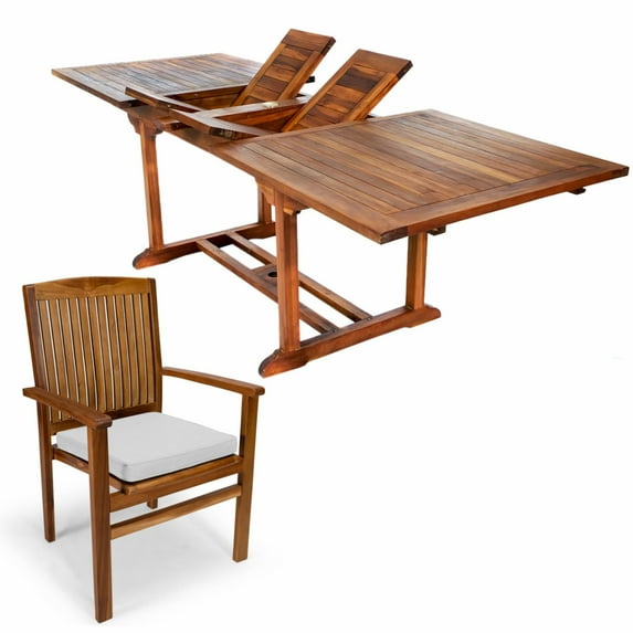 All Things Cedar TE90-24-W 7-Piece Teak Extension Patio Table Stacking Arm Chair Set | White Cushions - 72L x 36W x 30H