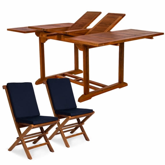 All Things Cedar TD72-22-B Teak 9-Piece Extension Patio - Table & 8 Folding Chairs Dining Outdoor Set | Blue Cushions - 50L x 50W x 29H