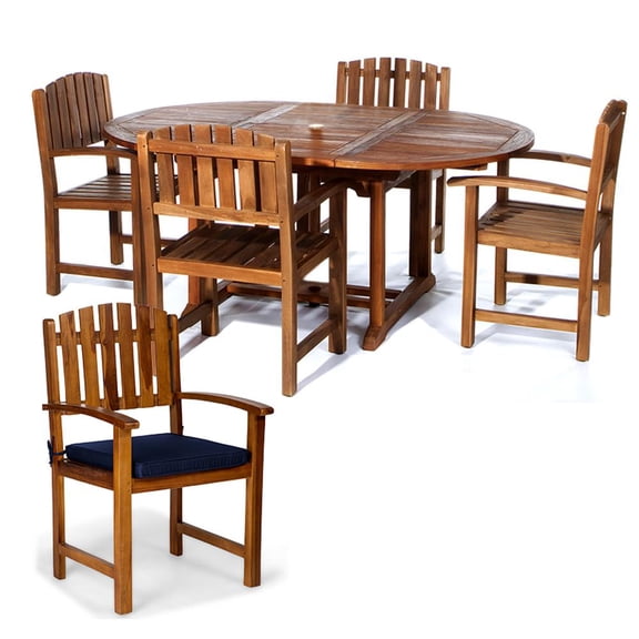 All Things Cedar TE70-20-B Teak Oval Extension Patio Table & Dining Chair Set with Cushions, Blue