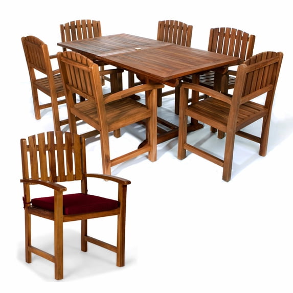 All Things Cedar TE90-20-R 7-Piece Teak Expandable Patio - Table & 6 Wooden Chairs Dining Outdoor Set | Red Cushions - 72L x 36W x 30H