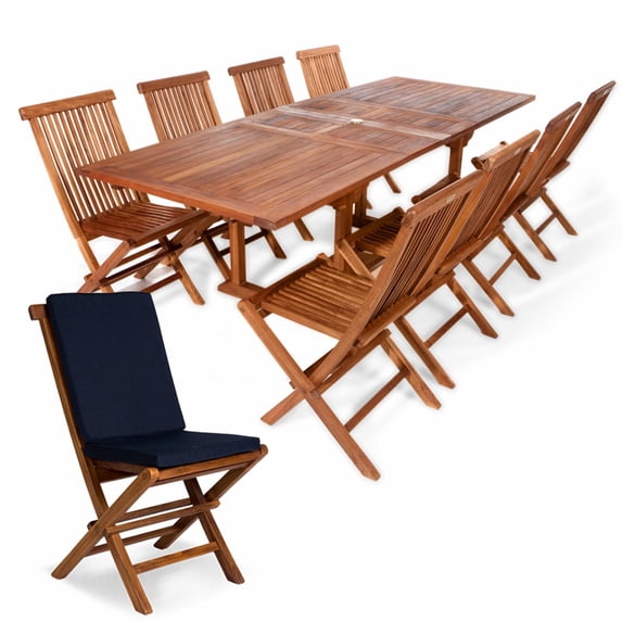 "All Things Cedar TE90-22-B Teak Rectangle Folding Patio Dining Set | 8 Seats | Blue Cushions - 72L x 36W x 30H