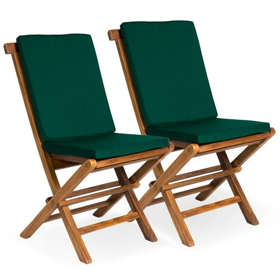 All Things Cedar TF22-2-G 2-Piece Teak Folding Chair Outdoor Set | Green Cushions - 23L x 18W x 36H